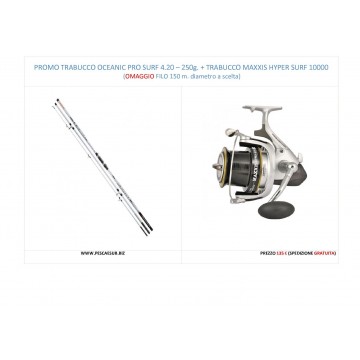 PROMO TRABUCCO OCEANIC PRO SURFER 4,20 - 250 g. + MUL. MAXXIS HYPER SURF 10000